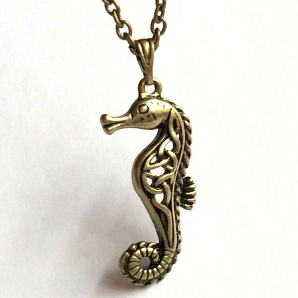 Seahorse Necklace Gold Plated Sea Life Pendant 29" Chain Island Nautical Beach - Picture 2 of 11